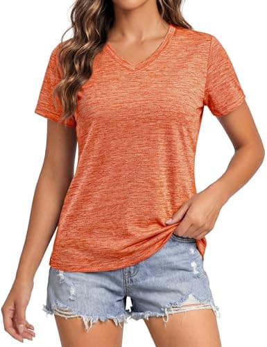 MAGCOMSEN Womens Workout Tops V Neck Sun Protection Quick Dry Shirts Gym Running Tee Shirts, Orange S