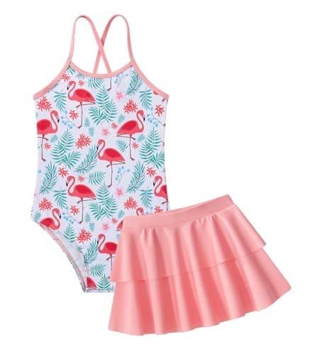 Vieille Girls Swimsuits 4t Pink Flamingo Bathing Suit 5t Kids Quick Dry Swimwear with Skirt Summer Beachwear Toddler Swimsuit for Pool Days