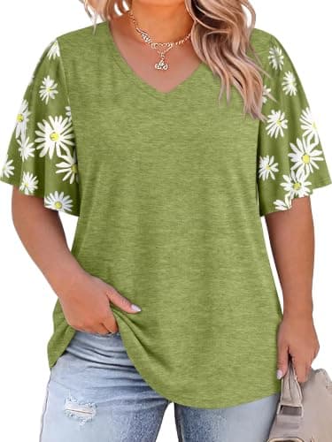 HDLTE Women Plus Size Shirt Graphic Tees V Neck Daisy Bell Short Sleeve Top
