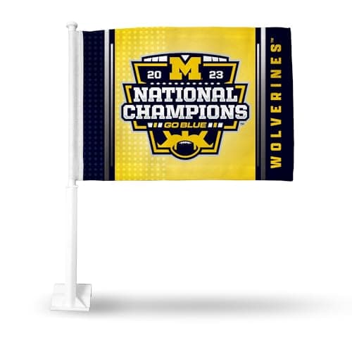 Rico Industries NCAA Michigan Wolverines 2024 CFP National Champions Double Sided Car Flag - 16" x 19" - Strong Pole That Hooks onto Car/Truck/Automobile