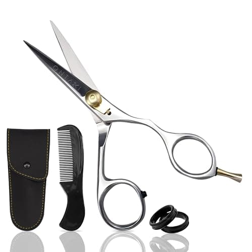Ontaki Beard & Mustache Scissors For Men - 5.5" 420C Japanese Steel, Silver, Right Hand - Engineered Sharpness for Barber Shears - Comfort Grip for Grooming Scissors - Includes Beard Comb
