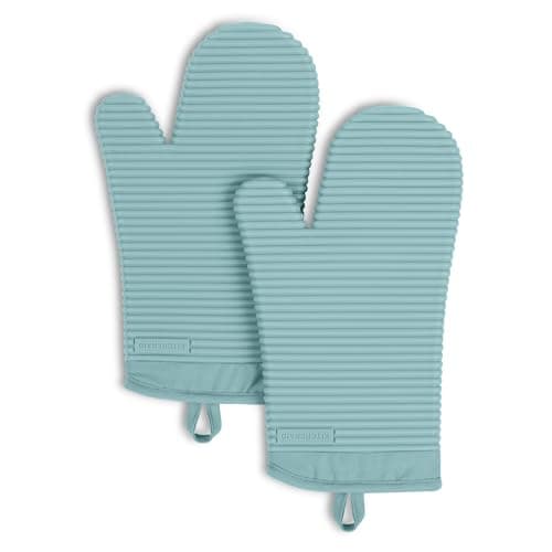 KITCHENAID Ribbed Soft Silicone Oven Mitt 2-Pack Set, 7.5"x13", Mineral Water Aqua