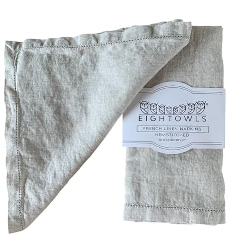 Hemstitched Linen Napkins – 20 Inch x 20 Inch – Stonewashed Pure Linen Cloth Dinner Napkins with Mitered Corners - 100% French Flax – Machine Washable - Set of 4 (Natural)