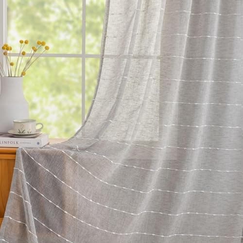 Light Gray Striped Sheer Curtains 96 Inch, Light Filtering 2 Panels