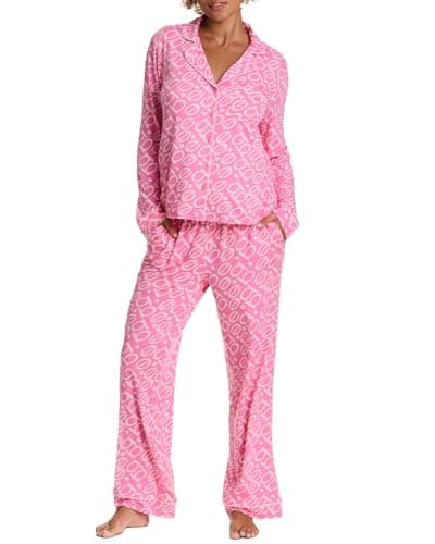 bebe Button Down Pajamas for Women, Long Sleeve Button Up Pajamas with Pants, Ladies Sleepwear PJ Set (Aurora Pink, 2X)