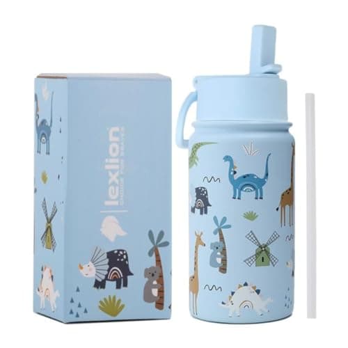 Lexlion Water Bottle 14 Oz, Triple Walled Insulated Stainless Steel Odor & Strain Resistant Reusable Bottle, 1 straw Lid, Leakproof, Metal Mug Gallon, BPA Free, Blue Zoo