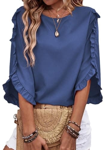 EVALESS 3/4 Length Sleeve Womens Tops Spring Summer 2026 Dressy Casual Blouses Trendy Crewneck Ruffle Sleeve Shirts Business Office Work Tops Fashion Clothing Dark Blue Medium