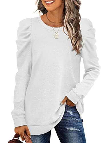 LCXWFE Womens Puff Sleeve Tops Dressy Casual Crew Neck Long Sleeve Shirts Tunic top White