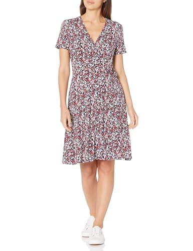 Amazon Essentials Women's Short Sleeve Faux-Wrap V Neck Dress, Navy Ditsy Floral, X-Small