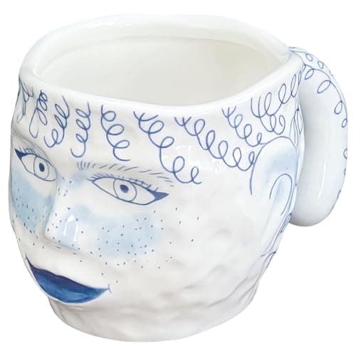 Funny Coffee Mug, 14oz Unique Blue Ceramic Coffee Cup with Creative Human Face Design, Funky Novelty Handmade Cup & Artistic Tea Cup for Office and Home