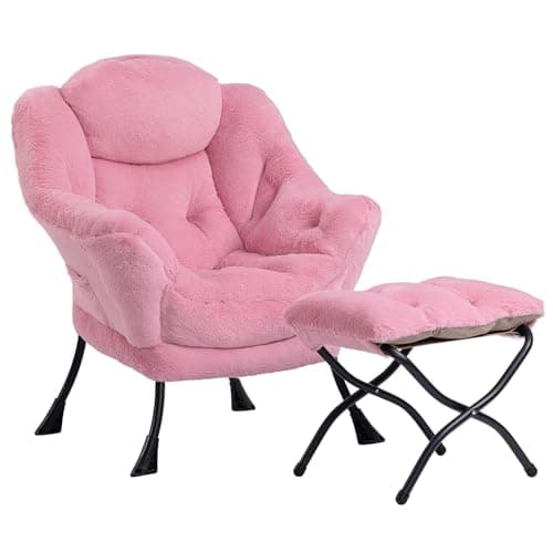 HollyHOME Lazy Chair with Foldable Ottoman, Accent Comfy Lounge Armchair and Folding Footrest Stool, Leisure Sofa Reading Chair and Footstool for Living Room, Bedroom, Dorm,Faux Fur Pink