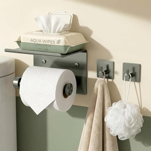 Tindbea Toilet Paper Holder with Phone Shelf + Towel Robe Hooks, Adhesive or Screw Wall Mounted Toilet Paper Roll Storage, Stainless Steel Bathroom Tissue Roll Holder (Polished Grey)