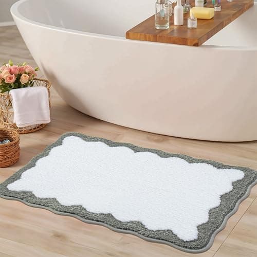 Gray & White Scalloped Bath Mats - Non Slip Plush Shaggy Bath Carpet - Soft, Absorbent Microfiber - Washable - Fun for Bathroom, Tub & Shower