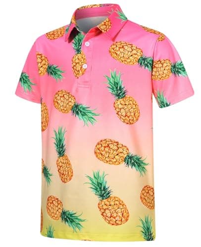 Cuddomper Boys Golf Shirts Hawaiian Pineapple Polo Clothes Fashion Pink Gradient Short Sleeve Size 13 14 Kids Cool School Uniform
