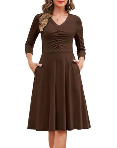 Annebouti Spring Winter Dresses for Women 2026 A-Line 3/4 Long Sleeve Wedding Guest Church Work Teacher Business Casual Cute Trendy Petite Midi Dress with Pockets Brown S