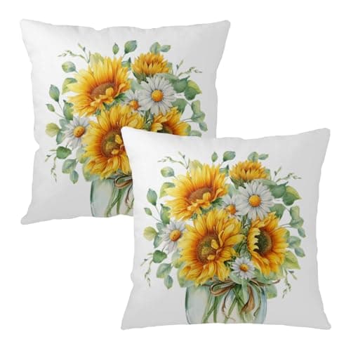 Wnoesat Sunflower Pillow Covers 18x18 Set of 2 Summer Floral Outdoor Throw Pillows Spring Eucalyptus Leaves Farmhouse Decorative Throw Pillow Cases for Couch Sofa Bedroom Living Room Decor