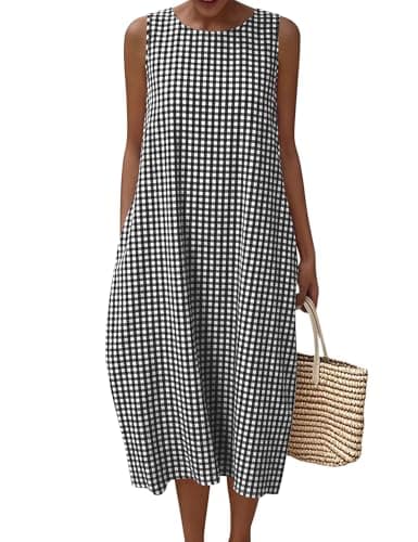 LOMON Women's Casual Maxi Dresses Beach Vacation Resort Dress Cotton Sleeveless Long Gingham Sundress with Pockets Black Plaid