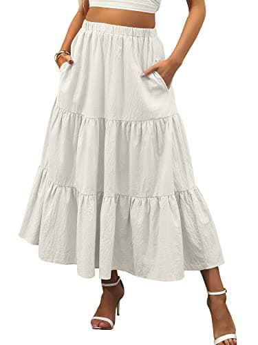 ANRABESS Women’s Summer Boho Flowy Swing Tiered A-Line Maxi Skirt 2025 Fashion Trendy Elastic Waist Pleated Long Beach Dress with Pockets Gray Large