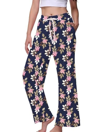 Women's Pajama Pants Drawstring Pants Women Womens Comfy Pants Modal Loose Pajama Bottoms(Navy Pink Flower,4XL)