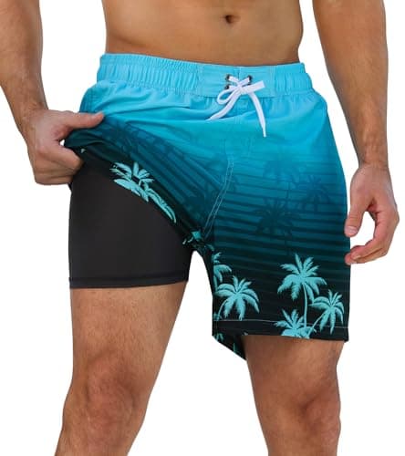 SILKWORLD Men Swim Trunks 2 in 1 Quick Dry Beach Shorts Bathing Suit with Zipper Pockets, Blue Coconut Tree, Medium