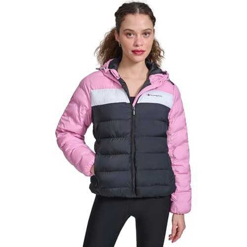Champion Women's Quilted Hooded Packable Puffer, Mauve/Navy Combo, Large