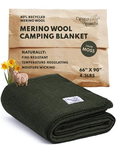 Woolly Mammoth Woolen Company Merino Wool Blanket - 80% Merino Wool - Camping Blankets for Cold Weather - Mositure-Wicking for Overlanding, Hunting, Emergency Kits, Bushcraft (66" x 90" Moss)