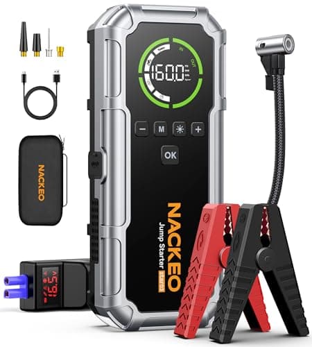 NACKEO Car Battery Jump Starter with Air Compressor 8000A 160PSI, Car Jumper Starter Portable (All Gas/10L Diesel), Jump Starter Jump Box with Jumper Cables, LED Light, Large LCD Display, Power Bank