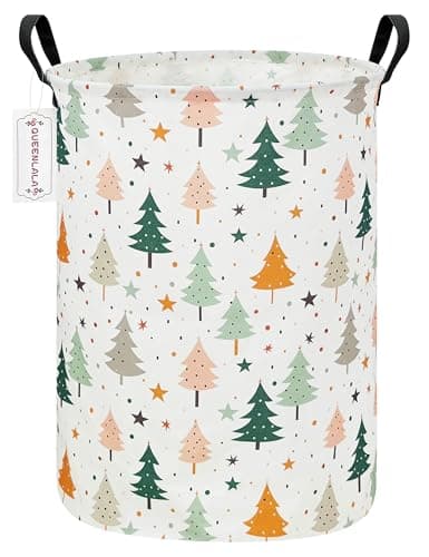 QUEENLALA Large Foldable Round Storage Basket Laundry Hamper, Pine tree