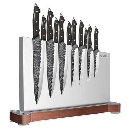 Large Magnetic Knife Block Holder Without Knives for Kitchen Counter, Stainless Steel Material Magnetic Knife Storage Stand Rack with Strong Double Sided Magnet and Wood Base - 16.15 x 11 Inches