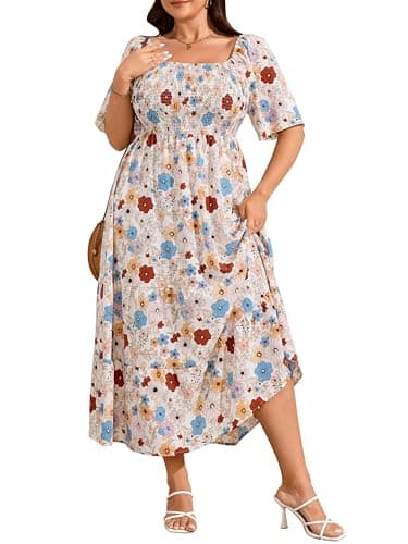 RWJ Plus Size Summer Dress Short Sleeve Smocked Dresses Apricot Floral 3XL