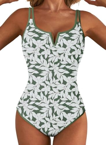 Aleumdr V Wired One Piece Swimsuit for Women 2026 Tummy Control Swimwear Slimming High Cut Bathing Suit Prined Swim Suit Green X-Large