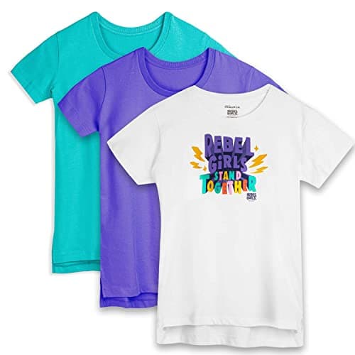 Mightly Girls' Scooped Neck Short Sleeve T Shirts | 100% Organic Cotton, Colorful Casual Stylish Clothes, Soft & Basic Scooped Neck Tee, Set for Toddlers and Kids, 3-Pack, 5T-6T, Multicolor