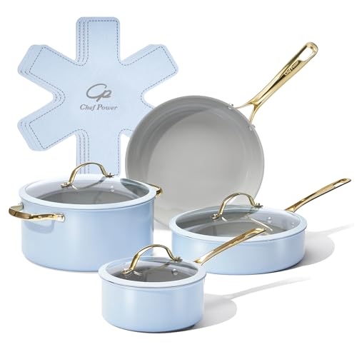 Chef Power Ceramic Cookware Sets, 10Pcs Pots and Pans Set Non Stick, Cookware Set with Stainless Steel Handle, Dishwasher & Oven Safe, Light Blue and Granite Grey