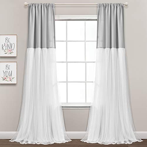 Lush Decor Tulle Skirt Colorblock Light Filtering Window Curtain Panels Pair 40" W x 84" L Gray & White - White Curtains for Bedroom Kids - Nursery Decor