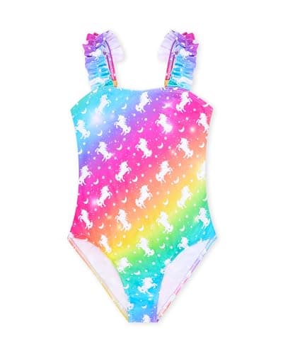 Girls Swimsuits One-Piece Bathing Suits Summer Kids Beach Swimwear Suits with Adjustable Strap Quick Dry Ruffle Rainbow Unicorn 3T 4T