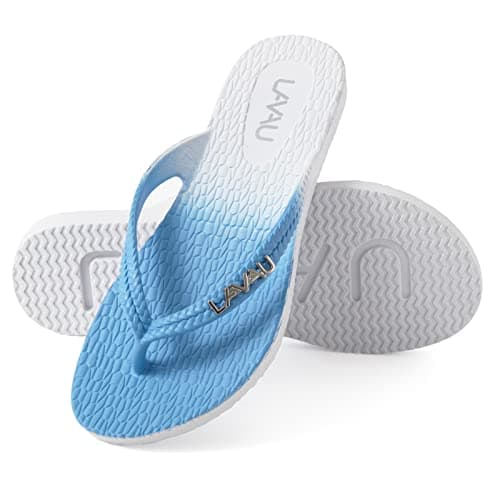LAVAU Cute Beach Flip Flops for Women, Ladies Rubber Thong Sandals, Bling and Sparkly Water Shoes LAVAU-002-lan/bai-7