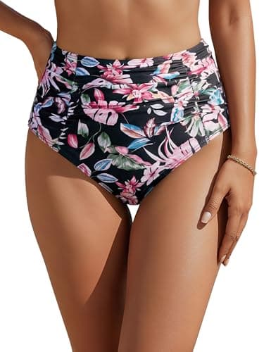 Blooming Jelly Womens High Waisted Bikini Bottoms Tummy Control Swim Bottom Ruched Full Coverage Modest Swimwear(Black & Floral,Large)