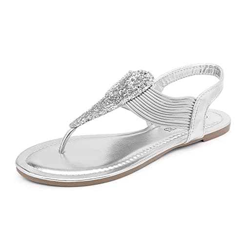 DREAM PAIRS Women's Elastic Strappy String Thong Ankle Strap Summer Gladiator Sandals,Size 5.5,Silver,SPPARKLY