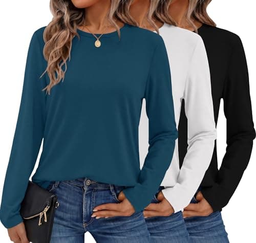Ekouaer Womens Long Sleeve T Shirts Casual Crewneck Tops Base Layer Thermal Undershirt 3 Pack Black/White/HazeBlue XS