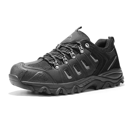 NORTIV 8 Men's Waterproof Hiking Shoes Leather Low-Top Hiking Shoes for Outdoor Trailing Trekking Camping Walking,Size 8,Black/Grey-Pu,Quest-1