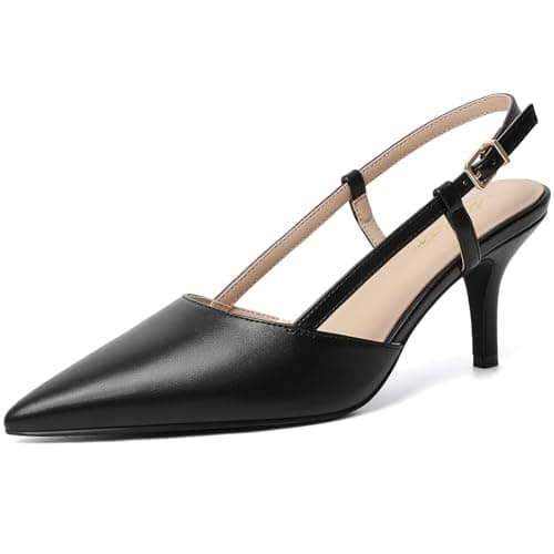 Mostrin Black Slingback Kitten Heels for Women Mid Heel Leather Pumps Closed Pointed Toe Stiletto 3 Inch Dress Shoes for Wedding Party Work Office Size 7.5