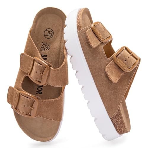 Women's Platform Leather Sandals Summer Slides with Adjustable Buckle