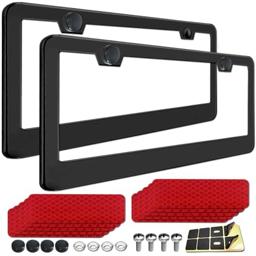NJNYLLC License Plate Frames Black, 2 Pack Aluminum Universal Aluminum Metal Car Tag Frame with 10PCS Reflective Stickers & Screws