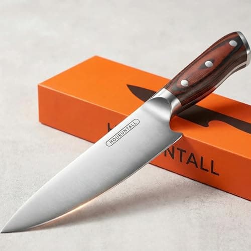 HOURUNTALL 8 Inch Chef Knife with Innovative Safety Notch, Forged 5CR15MOV High Carbon Stainless Steel Kitchen Knife, Ultra Sharp Vegetable &Meat Cleaver with Ergonomic Wood Handle for Pro Chefs