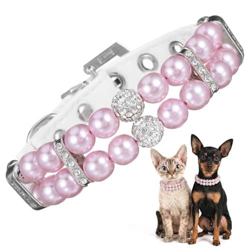 White Pink Pearl Dog Collar for Small Dogs Bling Rhinestone Beaded Dog Collar Luxury Fancy Dog Pearl Necklace Collar Diamond Pet Jewelry for XS XXS Small Medium Female Pet Dogs Cats Supplies