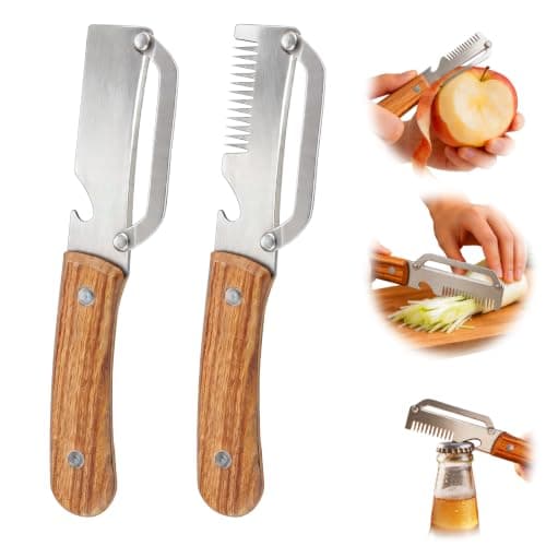 Multifunctional Vegetable Peeler, 3 in 1 Julienne Peeler with Wooden Handle, Vegetable Shredder with Bottle Opener Kitchen Tool for Peeling Veggie Fruit Pineapple Pumpkin Papaya Carrrot(2 Pack)
