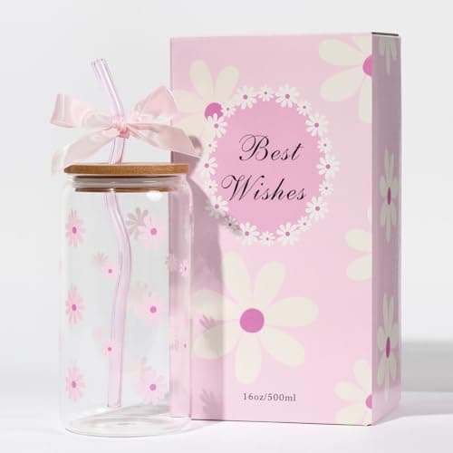 KMCCUMBER Cute Glass Cups with Lids and Straws, Teen Girl Birthday Gifts Daisy Iced Coffee Cup, Pink Aesthetic Mug Tumbler for Mothers Day Christmas Valentines Coffee Lover 16oz