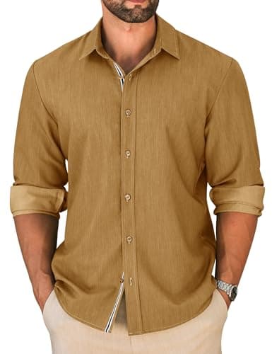 LETSEE Men's Button Down Dress Shirt Long Sleeve Untucked Business Casual Shirt Wrinkle Free Stretch Denim Texture