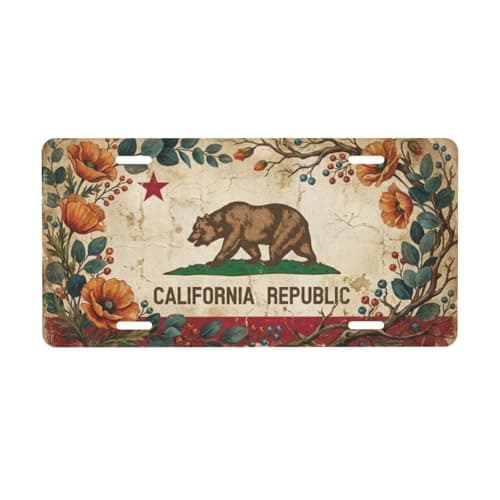 California Republic Bear Floral Aluminum License Plate 6x12