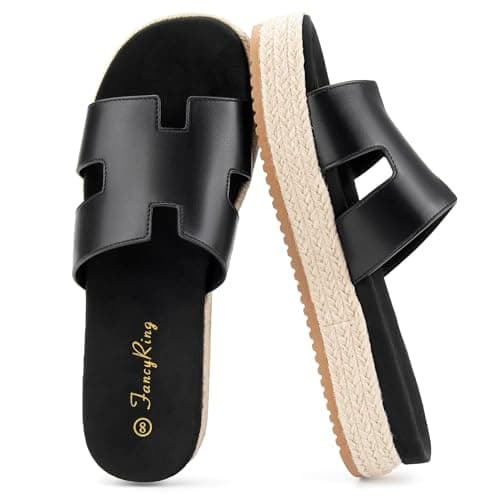 FancyRing Women's Platform Wedge H-Band Espadrilles Sandals Slip on Beach Vacation Sandals Flatform Open Toe Outdoor Summer Slides,Size 7.5,Black